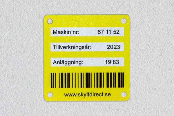 Gul maskinskylt, infärgad aluminium