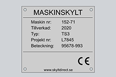 Maskinskylt, infärgad aluminium