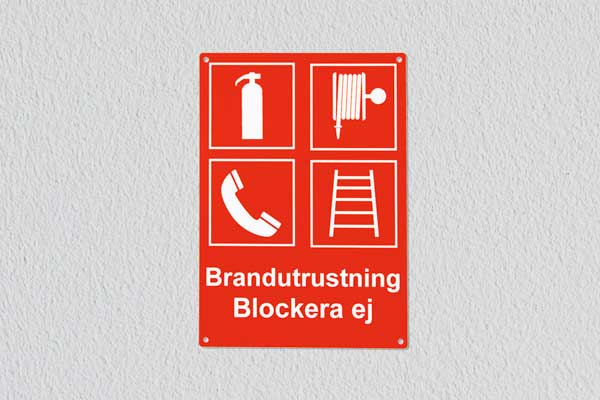 Brandskylt med symboler för utrustning