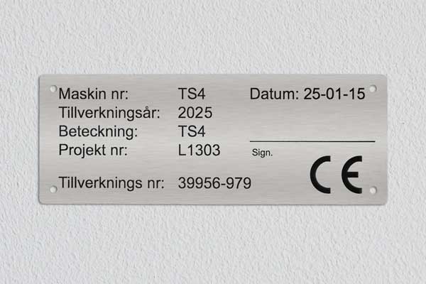 Maskinskylt, graverad metall