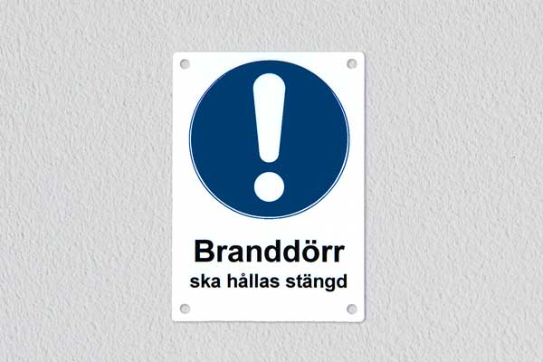 Påbud, branddörr, printad plast