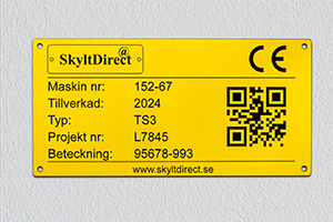 Gul maskinskylt, graverad plast