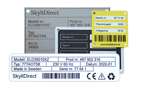 Typskyltar, metall, plast, aluminium